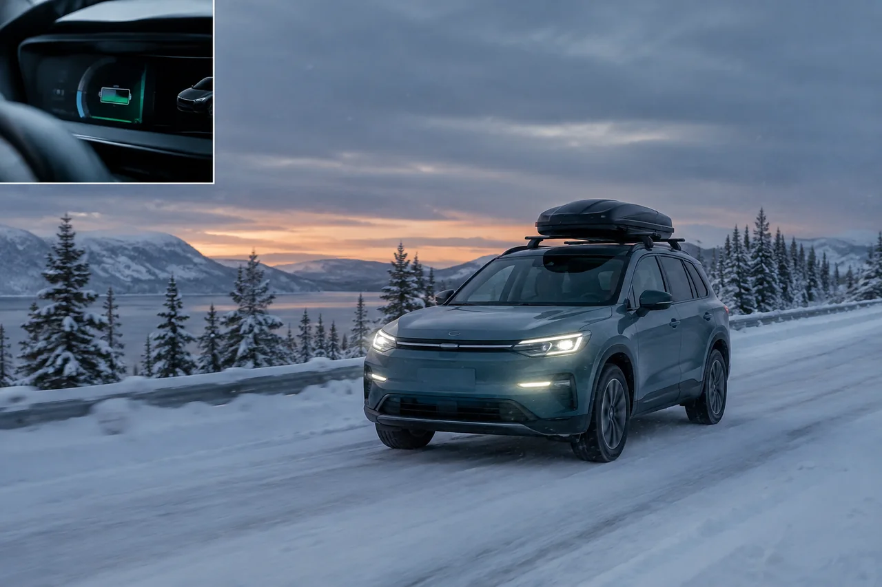 Electric SUV with a roof cargo box driving on a snowy highway, showing conditions that reduce EV range