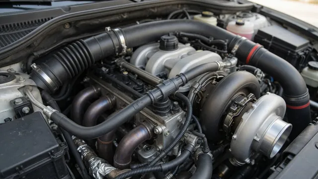 Illustration of an EVAP purge line and check valve near a turbocharged engine