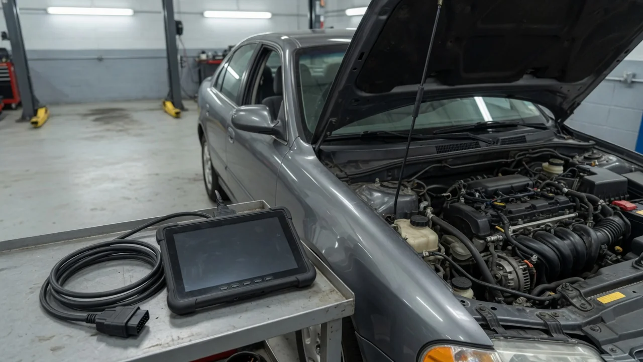 Diagnostic scanner beside a vehicle with its hood open in an automotive service bay