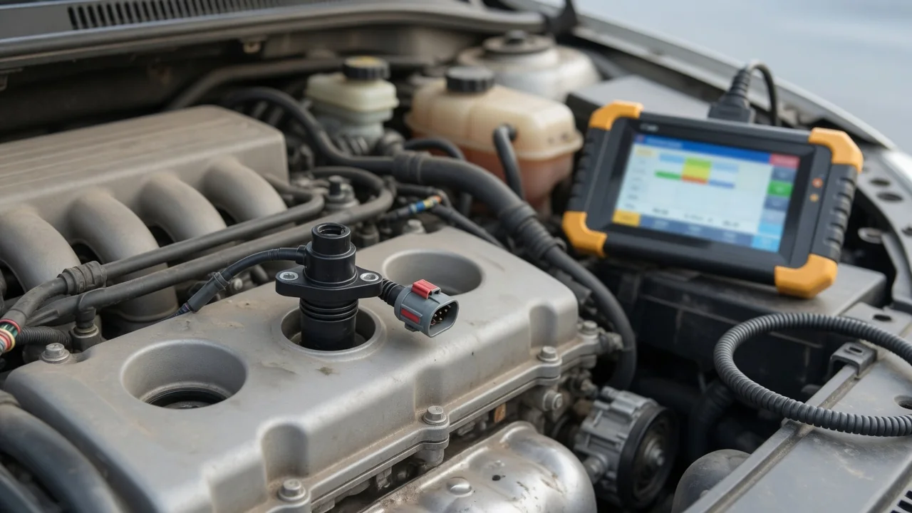 Close-up of a camshaft position sensor and wiring connector on an engine, with a diagnostic scan tool in the background
