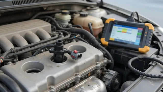 Close-up of a camshaft position sensor and wiring connector on an engine, with a diagnostic scan tool in the background