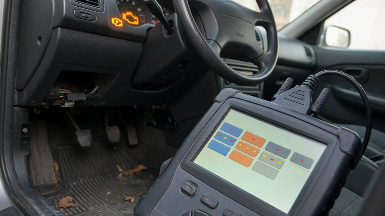 OBD-II scan tool plugged into a car's diagnostic port with the check engine light on