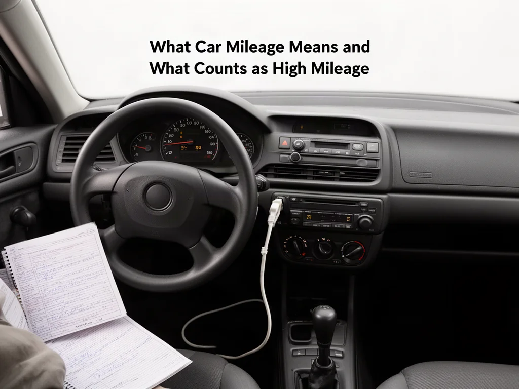 Used car dashboard with an odometer showing accumulated miles and a maintenance notebook nearby
