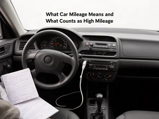 Used car dashboard with an odometer showing accumulated miles and a maintenance notebook nearby