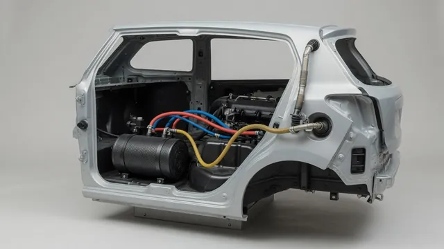 Cutaway illustration of a compact car EVAP system showing the fuel tank, charcoal canister, purge and vent valves, and vapor lines