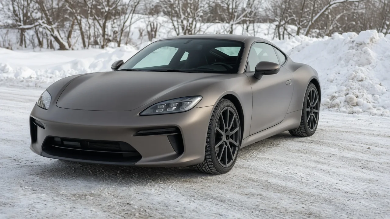 Four winter tires fitted to a sports coupe parked on a plowed driveway with snow along the edges.