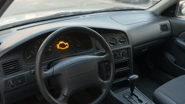 Toyota dashboard with an illuminated check engine symbol and a parked vehicle visible through the windshield