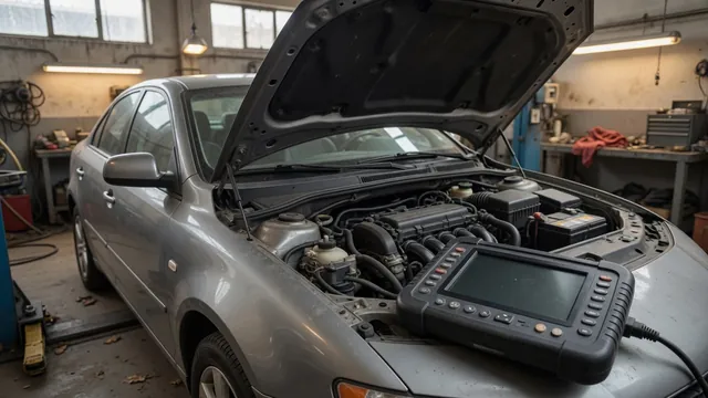 Diagnostic scan tool displaying P1122 beside a vehicle dashboard