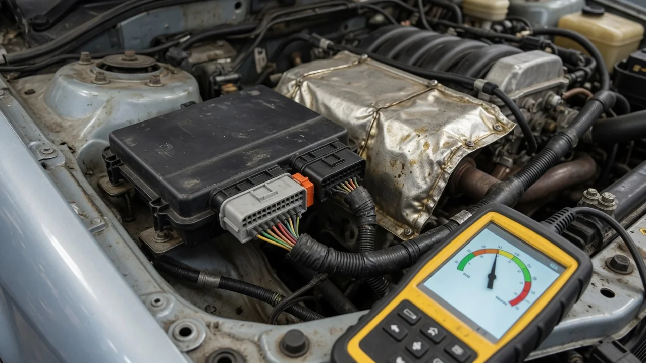 Generic vehicle control module with wiring connector next to an OBD-II scan tool showing a temperature reading