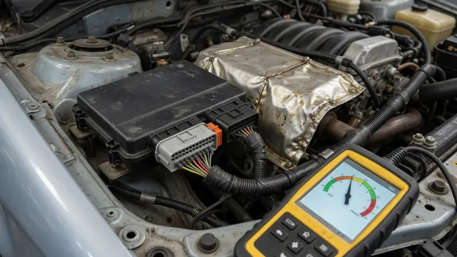 Generic vehicle control module with wiring connector next to an OBD-II scan tool showing a temperature reading