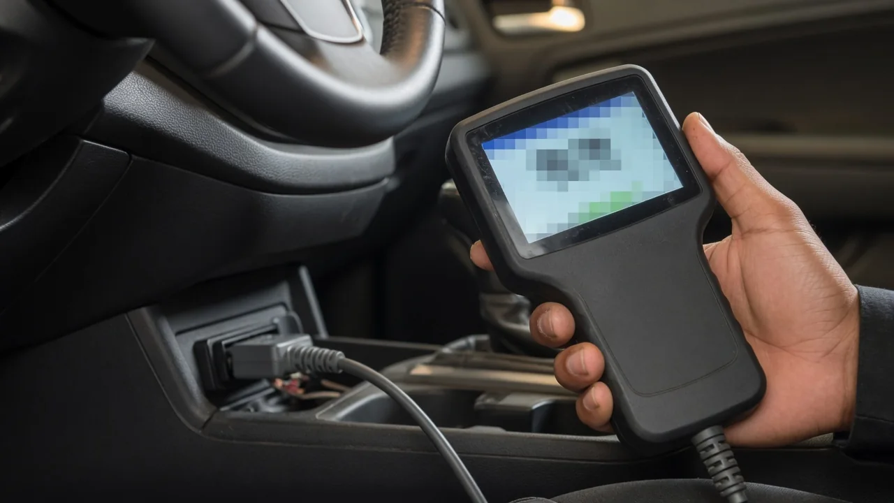Scan tool plugged into a car's OBD-II port showing a list of B0 body diagnostic trouble codes