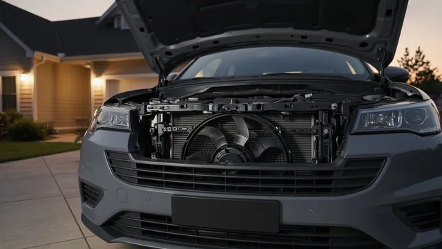Open car hood showing the radiator and electric cooling fan after the engine has been turned off