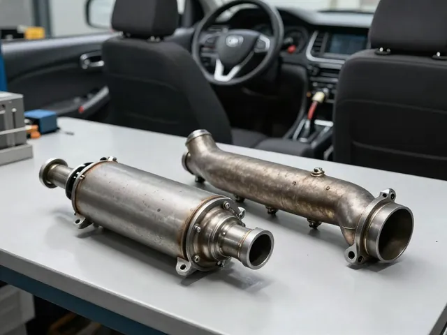 Replacement catalytic converter and exhaust manifold assembly on a clean automotive workbench