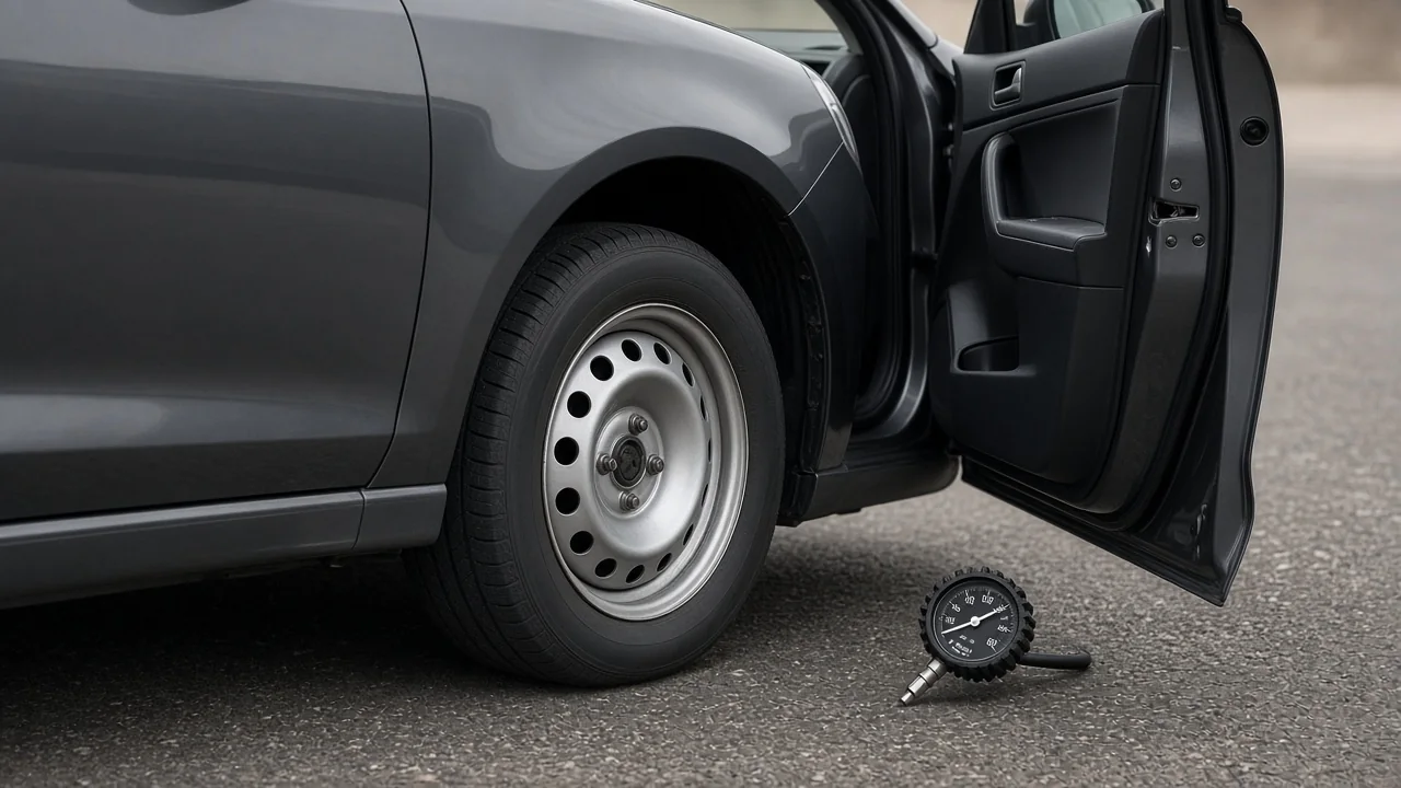 Tire pressure gauge beside a Hyundai Elantra wheel with the driver door open