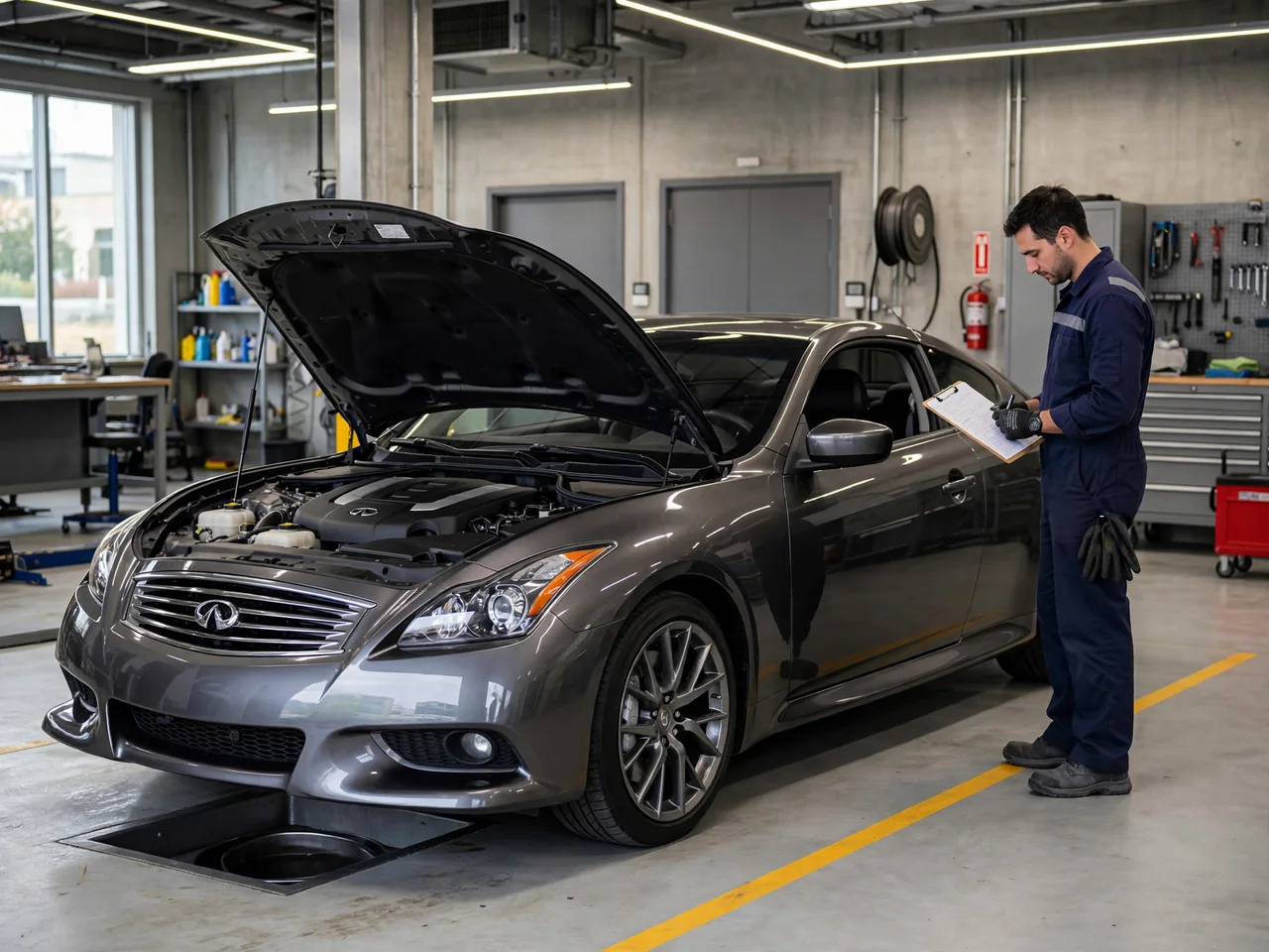 Infiniti G37 parked in a clean service bay with its hood open for inspection