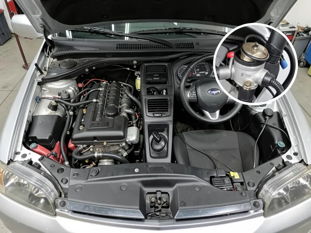 Subaru engine bay with a PCV valve and ventilation hose shown in a separate detail inset