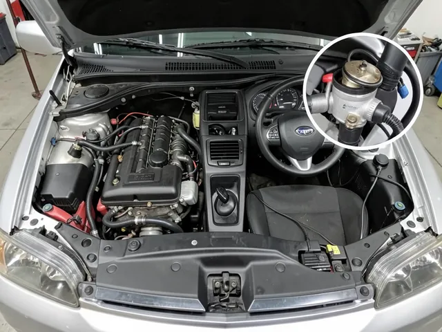 Subaru engine bay with a PCV valve and ventilation hose shown in a separate detail inset