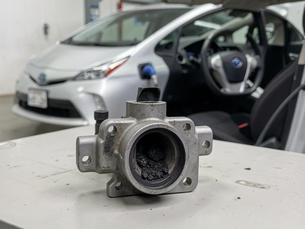Illustration of a Toyota Prius EGR valve with carbon deposits inside its gas passage