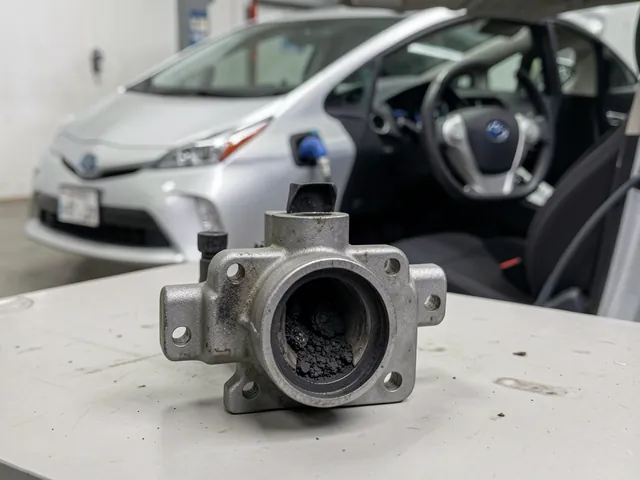 Illustration of a Toyota Prius EGR valve with carbon deposits inside its gas passage