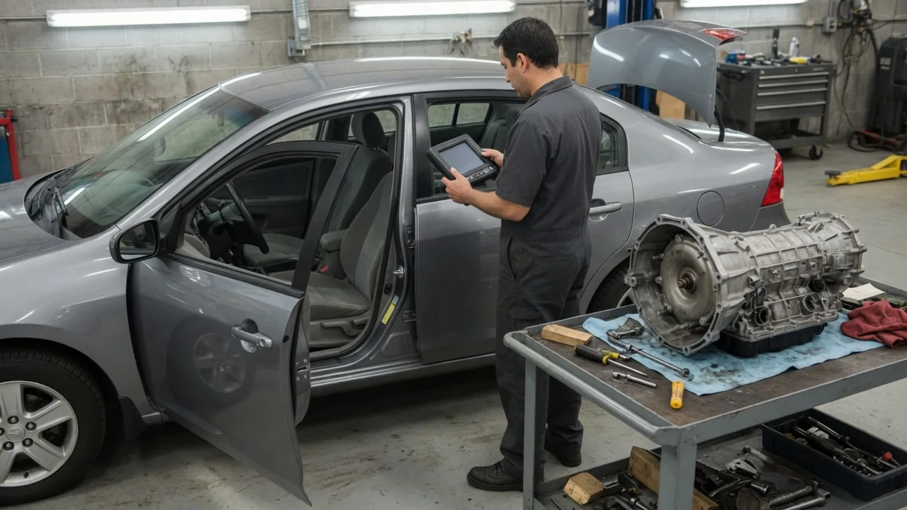 Technician reviewing transmission fault codes on a scan tool beside a parked vehicle