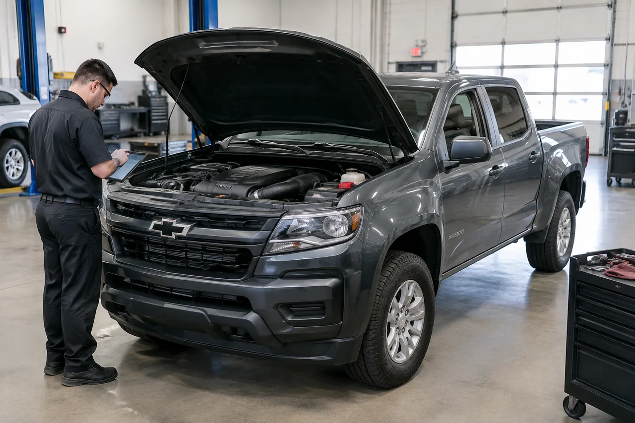Chevrolet Colorado in a service bay with a technician reviewing an engine repair estimate