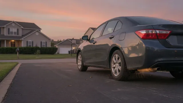 Sedan parked in a driveway at dusk with faint heat shimmer near the exhaust after the engine was turned off