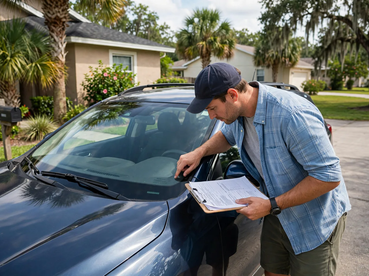 Buyer checking a vehicle identification number beside Florida car title paperwork