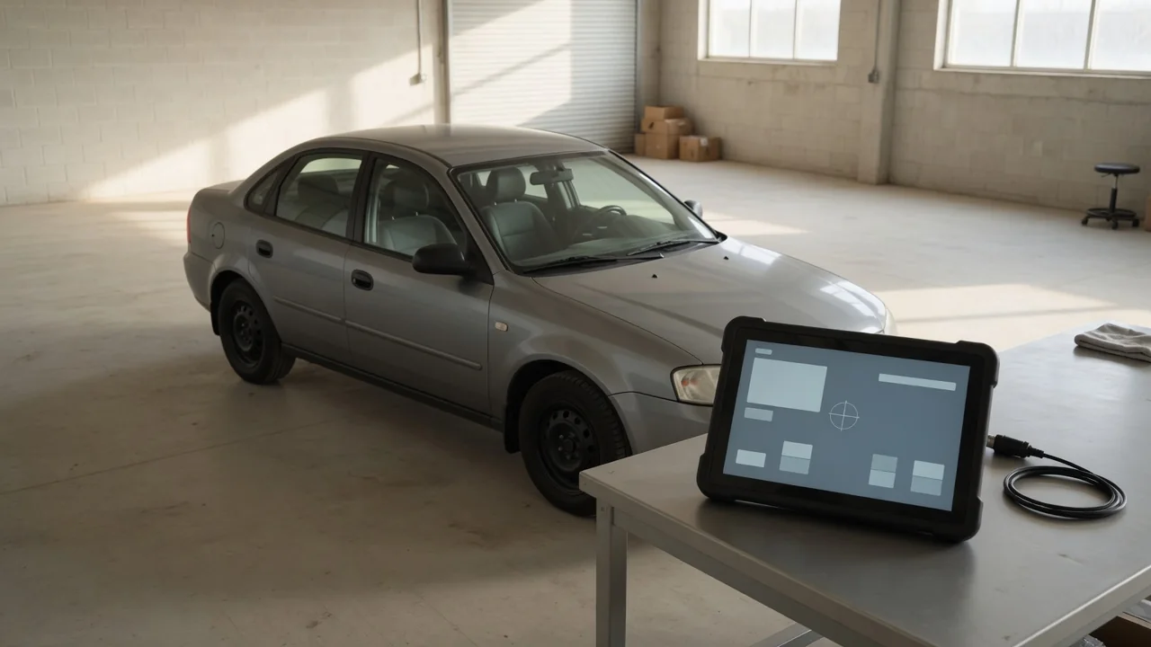 Diagnostic scanner beside a parked vehicle displaying trouble code P1496