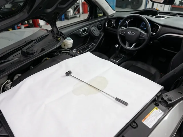 CVT fluid dipstick resting on a clean white cloth beside an open vehicle hood