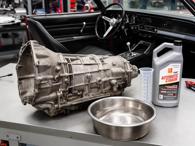 GM automatic transmission on a clean workbench with a fluid bottle, drain pan and measuring container