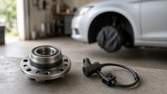 New wheel hub bearing assembly and ABS wheel speed sensor with wiring on a garage workbench