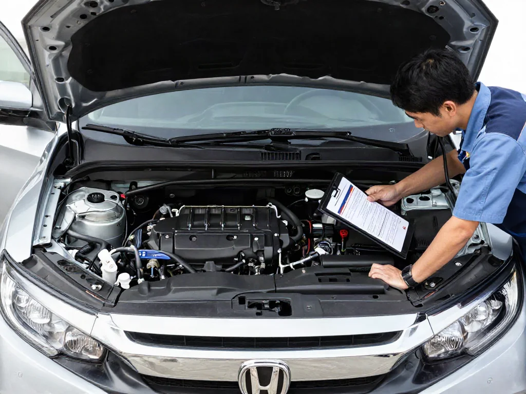 Illustration of a technician inspecting a Honda Civic engine bay for EGR system identification