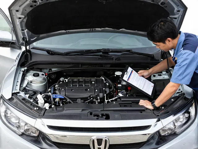 Illustration of a technician inspecting a Honda Civic engine bay for EGR system identification