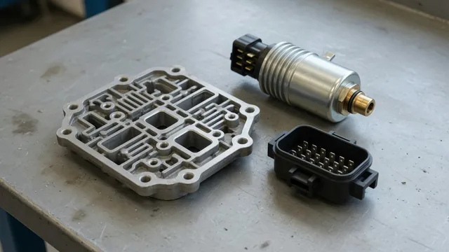 Illustration of a transmission valve body with a pressure control solenoid and electrical connector