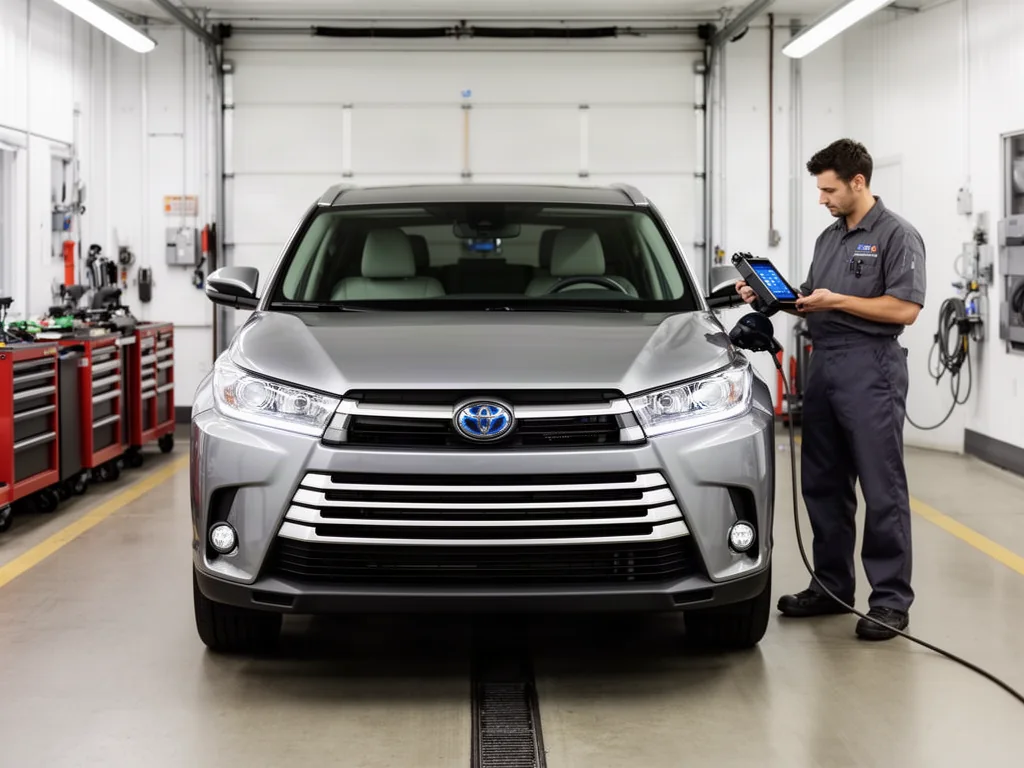 Toyota Highlander Hybrid parked in a service bay for a battery assessment