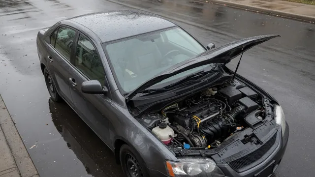 Sedan with its hood open on a wet street after rain, with water droplets across the engine bay