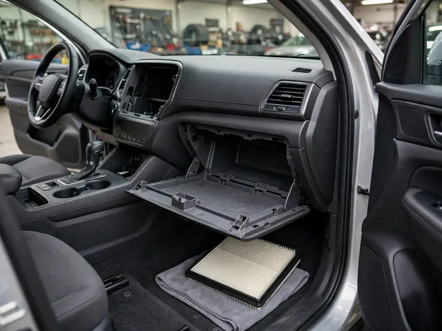 Cabin air filter and an open glove compartment illustrating an SUV cabin filter replacement