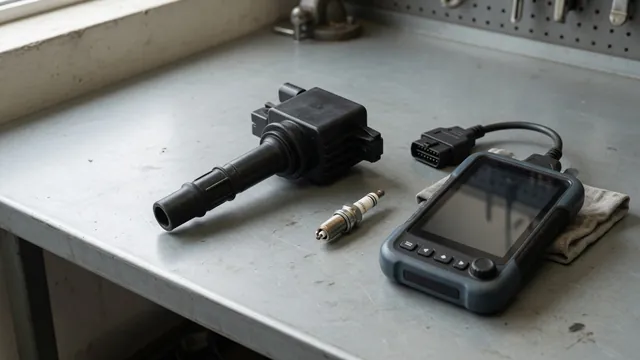 Ignition coil and spark plug on a clean workbench beside an automotive diagnostic scanner