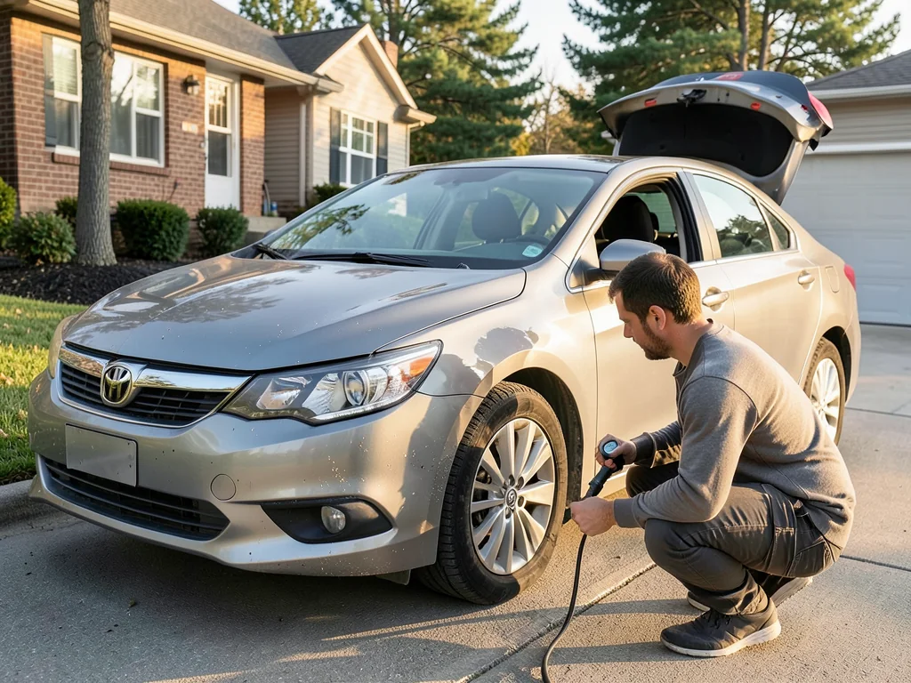 Driver checking tire pressure on a dusty sedan in a driveway after returning from a long road trip