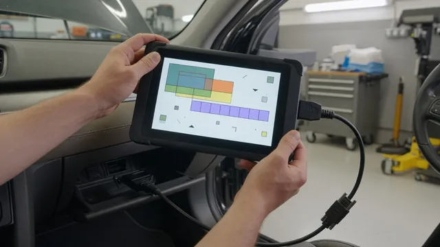 Technician using a scan tool to check transmission hydraulic pressure data on a car in a workshop
