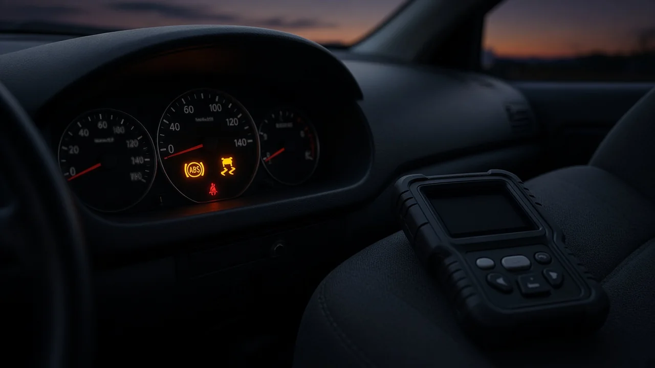 Dashboard with ABS and traction control warning lights on, next to an OBD-II scan tool