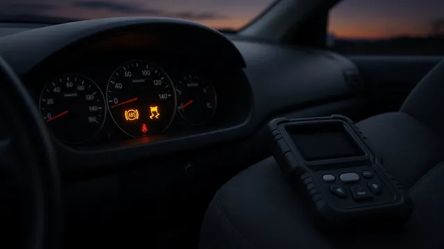 Dashboard with ABS and traction control warning lights on, next to an OBD-II scan tool