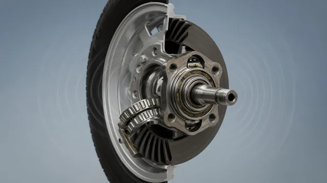 Cutaway illustration of a car wheel hub and bearing with sound waves showing bearing noise