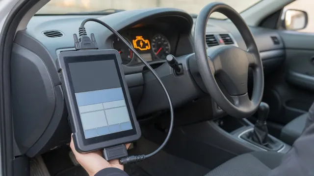 OBD-II scan tool plugged into a car's diagnostic port while the check engine light is on