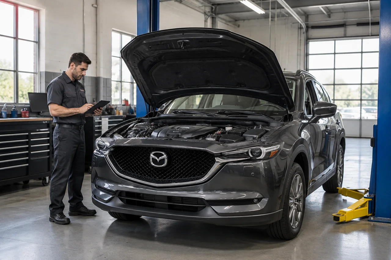 Mazda CX-5 parked in a clean service bay for an engine inspection