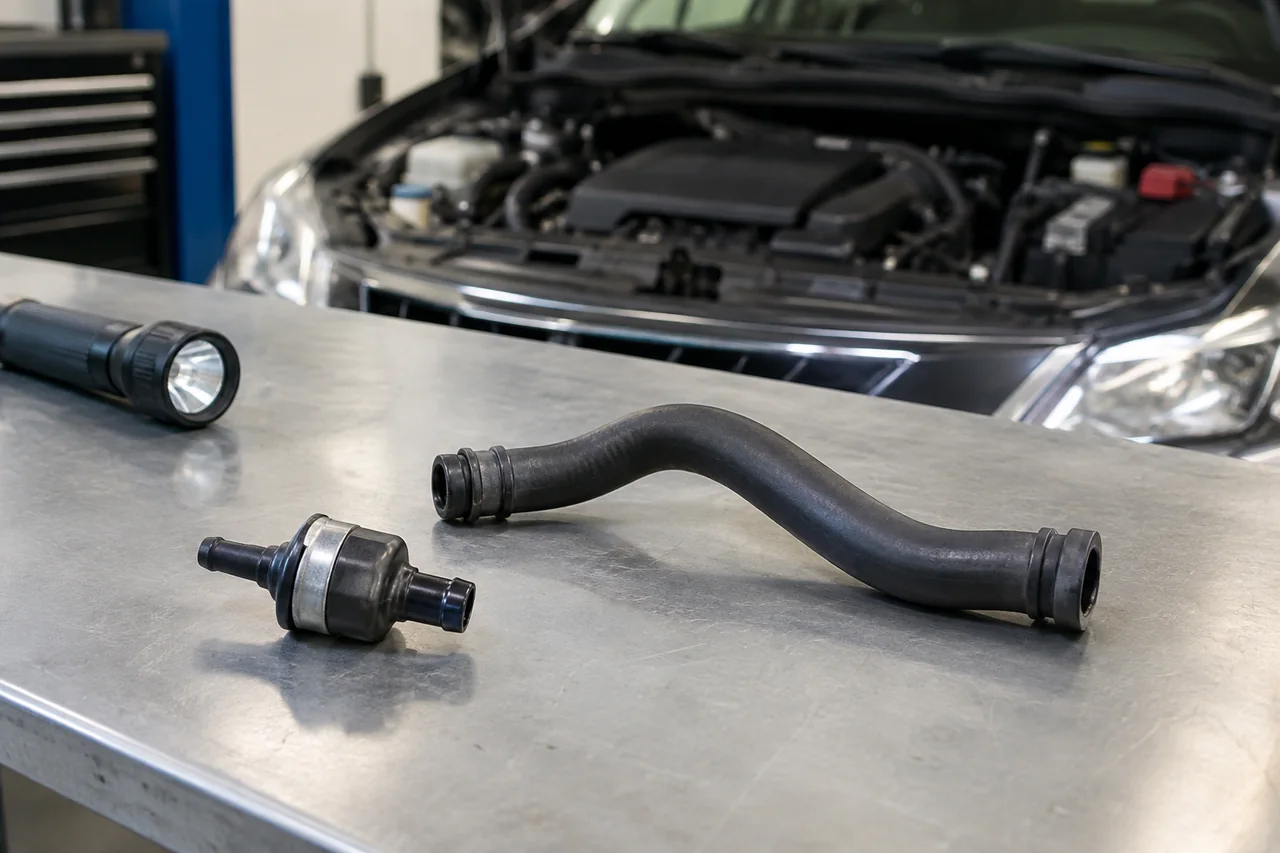 PCV valve and ventilation hose laid out on a clean workbench for visual inspection