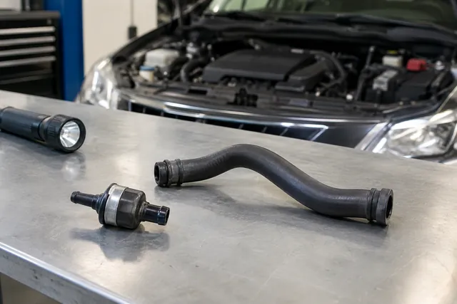 PCV valve and ventilation hose laid out on a clean workbench for visual inspection