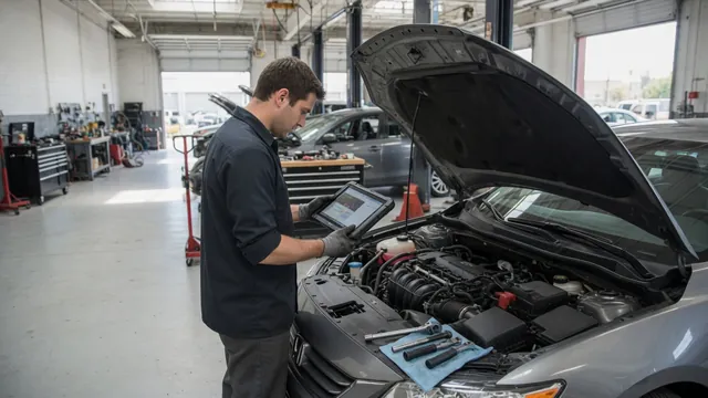 Technician reviewing engine diagnostic data beside an open vehicle hood