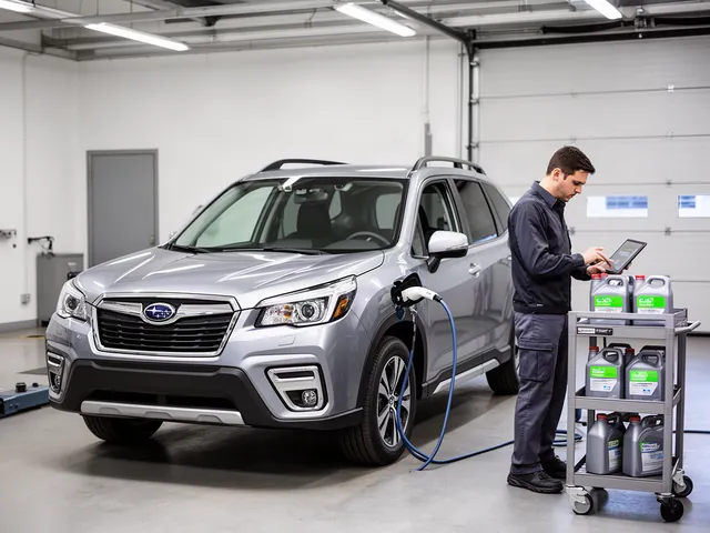 Technician reviewing service information beside a Subaru Forester in a clean service bay