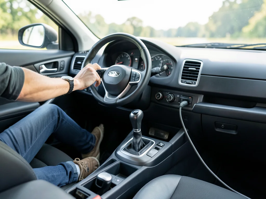 Driver's hand on a manual gear shifter during a used car test drive